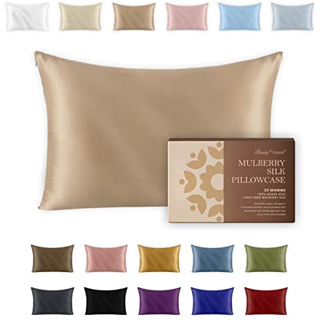 Beauty of Orient 25 Momme Premium-Maulbeerseide-Kissenbezug für Haar und Haut, handgefertigt, hypoallergen und Anti-Akne-Seiden-Kissenbezüge mit Reißverschluss, Standard, 50,8 x 66 cm, Champagner