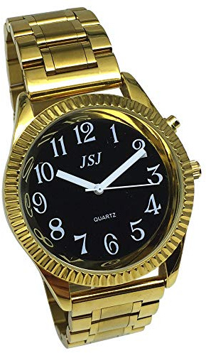 VISIONU Montre Parlante Analogique avec Alarme Annonce de l'heure et Date en Français pour Aveugle et Les Personnes Malvoyant, Couleur Dorée,Double Verrouillage Bracelet Acier Inoxydable TUF-G308