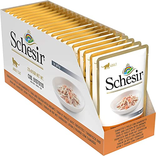Schesir Cat Jelly Thunfisch und Huhn mit Garnele, Katzenfutter nass in Gelee, 20 Beutel x 85 g