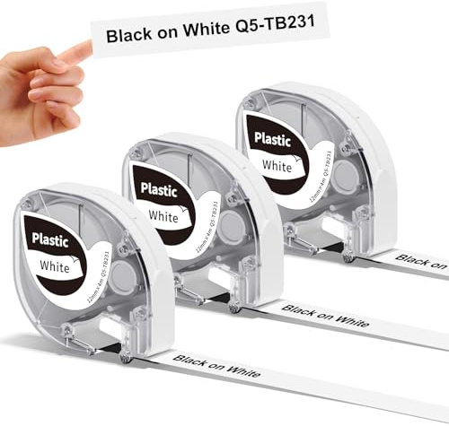 3x Phomemo P12&P12-Pro Etikettenband 12mm x 4m Schwarz auf Weiß Q5-TB231 | Phomemo Original Kunststoff-Etikettenband, Wasserfest & Selbstklebend,Kompatible mit Dymo LetraTag,für P12/P12 Pro/LT12/F12