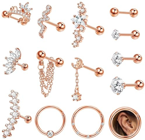 Milacolato 14St Piercing Ohr Chirurgenstahl 16G Ohrknorpel Piercing Tragus Helix Zirkonia Mond Schlange Ohrstecker Set CZ Septum Segmentring Clicker Ohrpiercing Schmuck Roségold