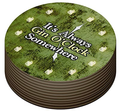 Gin Coasters in Packs of 24, 48, 96 - Absorbent Recyclable Round Cardboard Drinks Mats Accessories for Home Bars Pubs - It's Always Gin 0'Clock Somewhere-24-R