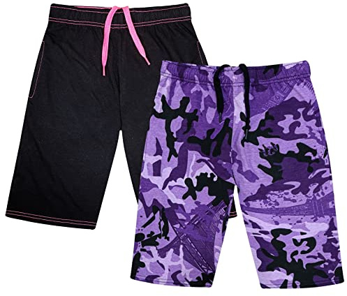 A2Z 4 Barn Flickor 100% Bomull Korta Byxor Komfort Stretch Byxor - Shorts S08 B/Purple 2Pack 9-10