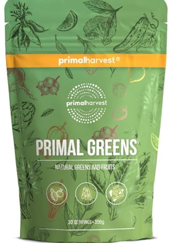 Primal Harvest Super Greens Pulver mit 27 Pflanzenstoffen, inkl. Spirulina & Weizengras, 30 Portionen