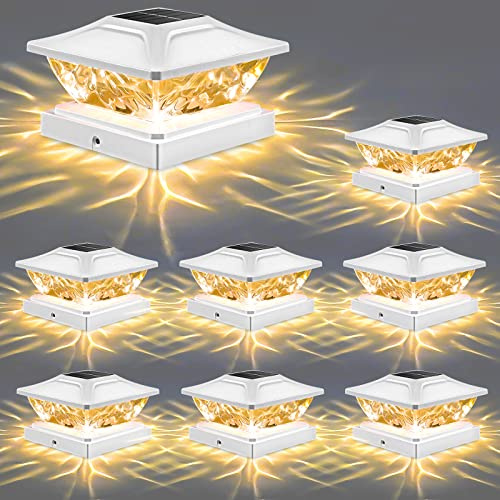 NFEVER Solar Post Cap Lights : 8 Pack Bright 2 Modes LED Solar Fence Deck Lights 3.5x3.5 4x4 4.5x4.5 5x5 Wooden Posts, IP65 Waterproof Solar Powered Lights Garden Porch Patio Step Decor, White