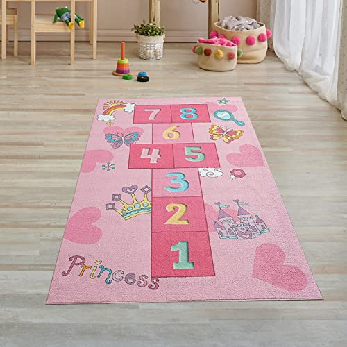 Teppich-Traum Kinderteppich Prinzessin Hüpfkästchen Pink 80x150 cm | Pflegeleicht, rutschfest, strapazierfähig und hautsympathisch, OEKO-TEX geprüft, mit Burg, Krone, Herzen und Schmetterlingen