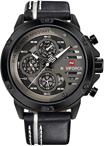 NAVIFORCE Orologio sportivo militare da uomo, impermeabile, analogico, al quarzo, cinturino in pelle, data, calendario, orologio da polso, Nero+bianco+nero, Cinturino
