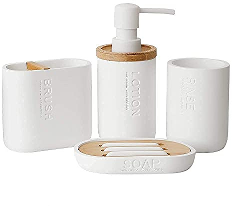 Badezimmer Zubehör Set, mit dekorativen Bambus/Holz Zubehör, Harz, Seifenspender, Zahnbürstenhalter, Seifenschale, Badezimmerdekoration, Küchenzubehör (schwarz) (weiß)