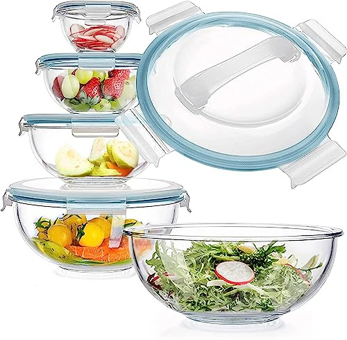 Luvan Glas Schüssel mit Deckel 5 Stück (0,18L,0,5L 1,0L,2,0L, 3,5L), Glas Salat Rührschüssel, BPA-frei,für Kochen, Backen, Zubereiten, Aufbewahrung