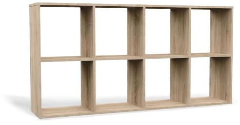 CDF Estantería con 8 compartimentos, cubos abiertos para salón, estudio, estantería escalonada, sistema de organización para libros, decoración, fotos, estudio, pasillo, roble Sonoma, 30 x 147 x 75 cm
