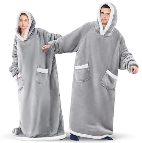 BTONGE Übergroße Hoodie Decke mit ärmeln, deckenpullover, Kuschel Hoodie Damen Herren Flanell Sherpa Warme Komfortable kuscheldecke zum anziehen für Erwachsene und Adolescent, Grau