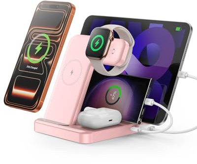 Intoval 5-in-1 Ladestation, kompatibel mit iPhones 17/17 Pro/17 Pro Max, iPad Pro/Air/Mini, Apple Watch 11/Ultra 3/Ultra 2/Ultra/10/9/8/7/6/SE, kabellose Ladestation für mehrere Geräte (G805, Rosa)