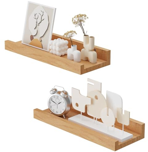 YheenLf Set med 2 vägghyllor, 30 x 12 cm, U-form flytande hyllor, vägghylla i massivt ek, för vardagsrum, badrum, kök, naturlig