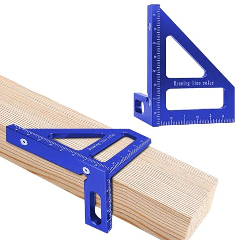 3D Multi Angle Measuring Ruler, 45° & 90° Degree Triangle Scriber Square Protractor, Miter Triangle Ruler Measuring Tool for Engineer Aluminum Inch Scale for Carpenters and Woodworkers (Blue)