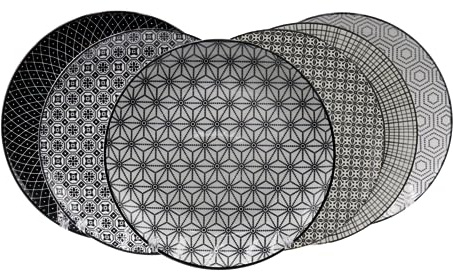 Artime - Lot de 6 Grandes Assiettes Noires et Blanches, Vaisselle avec Motifs, Assiettes Plates en Porcelaine, Assiettes Adaptées au Lave-vaisselle et Micro-onde
