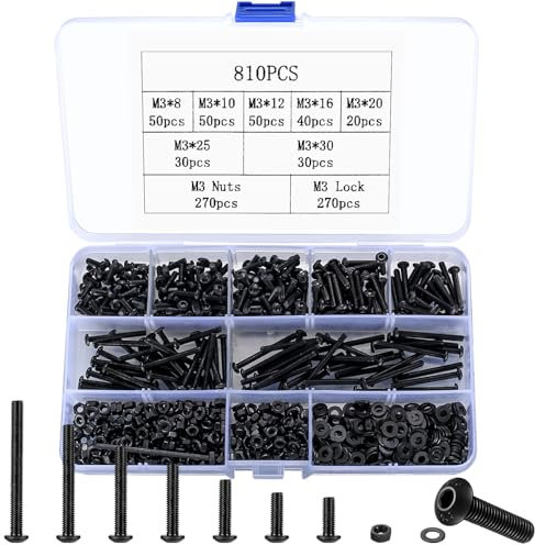 810 Pcs M3 Nuts and Bolts Set, Hex Socket Button Head Cap Screws Bolts and Nuts Set, Round Hex Socket Head Machine Screws and Washers Assortment Kit, Carbon Steel, Black (M3)