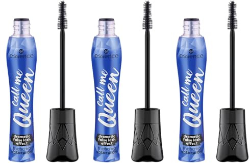 essence call me Queen dramatic false lash effect mascara waterproof, Schwarz, langanhaltend, volumengebend, vegan, wasserfest, ohne Mikroplastikpartikel, Nanopartikel frei, 3er Pack (3x11.5ml)