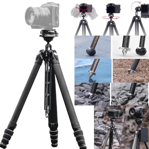 FALCAM Quick Lock Trípode de cámara de viaje con cabeza de bola de amortiguación de 360 grados de fibra de carbono, cabeza de trípode portátil para cámara de fotos y vídeo para cámaras DSLR, trípodes.