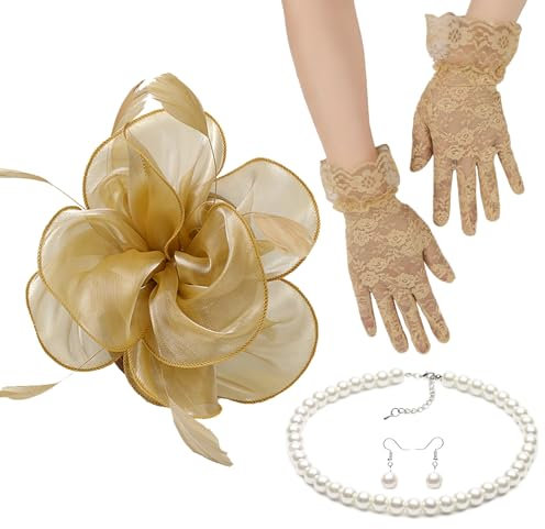 amangul Fascinator-Set für Damen, elegant, Perlen, Halskette, Ohrringe, Spitzen-Handschuhe, 1920er-Jahre, vielseitige Kopfbedeckung (Gold)