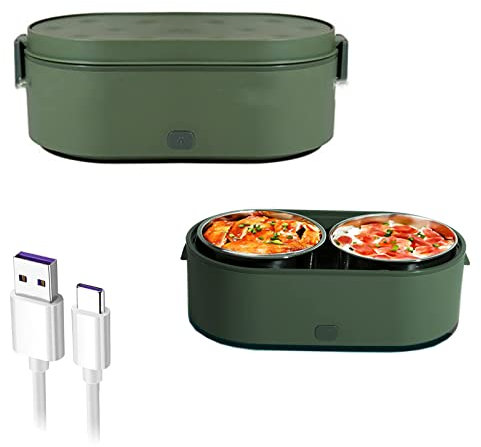 DDKYHU Lunch Box Alimentato Tramite USB: Scaldavivande Elettrico Portatile per Auto e casa con 2 contenitori in Acciaio Inossidabile - Verde
