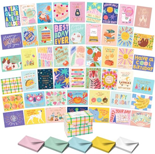 S&O Happy Birthday Cards with Envelopes and Assortment Box – Variety Set of 50 Assorted Birthday Notes. Perfect Bulk Pack for Celebrations, Office, Friends, Family, and Special Occasions-4x5.5