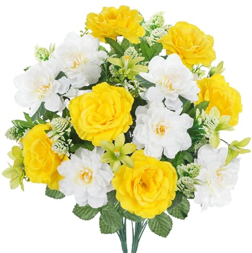 Minnhua Spring Cemetery Flowers for Grave 2 Bundles Yellow White Rose Lily Bouquets 18.5 Fake Silk Flower Arrangements for Outdoors Summer Home Kitchen Wedding Table Centerpieces Decor