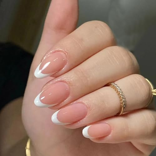 Ceboic 24Pcs False Nails Short Almond, French White Tip Press on Nails Nude Pink Gradient Fake Nails with Glue Stickers, Glossy Glue on Nail Acrylic Full Cover Stick on Nail for Women Nail Art