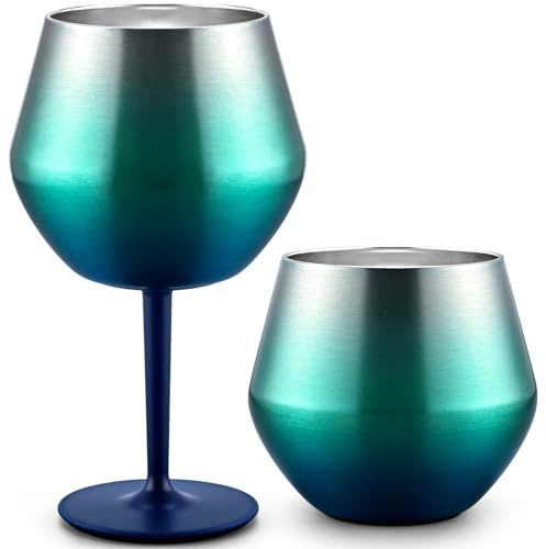 GINGPROUS 1 Pack Stainless Steel Wine Tumbler, 14oz Stainless Steel Wine Goblet with Detachable Stem, Insulated Champagne Glass with Cup Brush for Party Office Wedding Anniversary (Peacock Blue)
