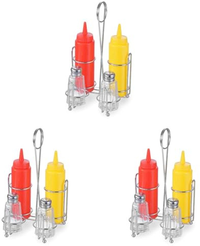 HENDI Menage Set, Zwei Glasstreuer (60 ml), 2 Quetschflaschen aus Polyethylen, Gewürzständer, Quetschflaschen: 0,35L, Edelstahl 18/0 (Packung mit 3)