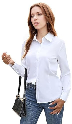MUNSKT Camisas Blancas de para Mujeres,Top de Manga Larga Botón Casual,Tops Básicos Estirables Encajados para Negocios de Oficina (FR/ES, Letras, S, Regular, Regular, Estándar, Blanco)