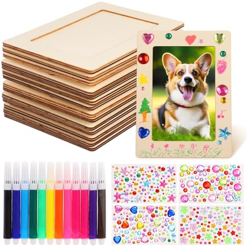 Kit de cadre photo à faire soi-même avec 16 cadres en bois de 15 x 19 cm, 12 stylos de peinture et 4 feuilles d'autocollants, ensemble de cadres à peindre