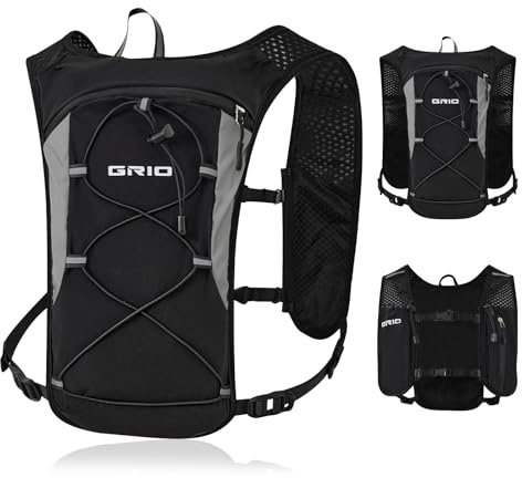 GRIO Laufrucksack Damen Herren, Laufweste mit Trinkflasche,Ultraleicht Verstellbar Reflektierend Trinkrucksack,RunningHydration Vest, Wasserblase Rucksack für Wandern (Schwarz, Einheitsgröße)