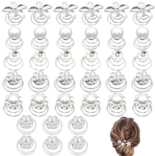 36 Pcs Spiral Hair Pins, Pearl Rhinestone Hair Clips, Bridal Hair Pins, Pearl Crystal Twisters Set, Spiral Hair Pin Silver Coil for Wedding Bridal Prom Party (6 Styles)
