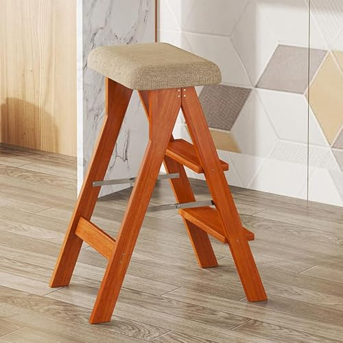 Convertible Wooden Folding Library Ladder Chair - Portable Stepladder Stool for Adults Max Weight 100kg Light Walnut Finish Multi-Functional Foot Stool & Flower Shelf.