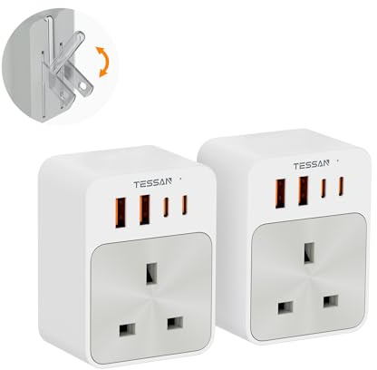 TESSAN UK to US Plug Adaptor 2 Pack, Foldable USA Travel Adapter with USB C (20W Fast Charging) and USB A, American Plug Adapter UK to Mexico, Canada, Thailand, Philippines, Peru(Type B)