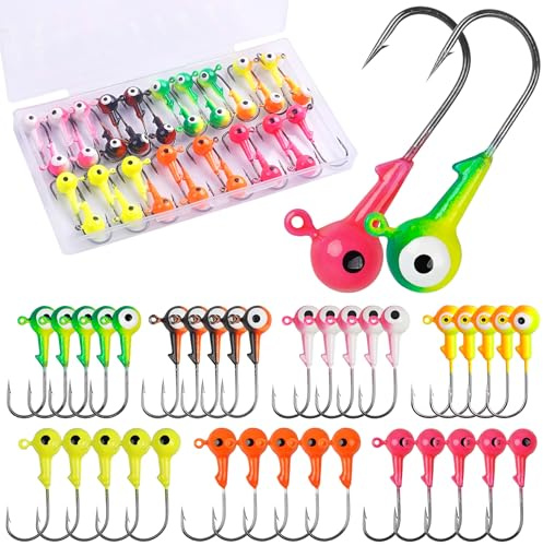 35 STK Jigköpfe Angelhaken Set, Scharfen Jighaken Bleikopf-Angelhaken Offset Haken für Gummifische Jigkopf Haken 0.8/1.8/3.5/7/10g, Crappie-Jigs zum Forellen, Barsch und Süßwasser/Salzwasser