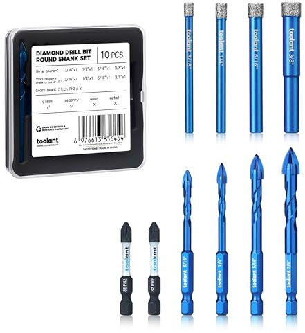 toolant 10PCS Diamond Drill Bits Set, Tile Drill Bits for Ceramic,Glass, Porcelain,Marble and Granite, Ceramic Drill Bit for pots with Cooling Wax, 1/4 Round Shank,3/16-3/8