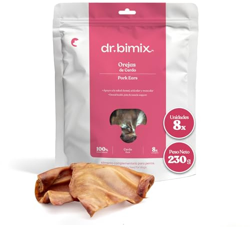 dr. bimix Orejas de Cerdo para Perros – 8 Chuches Naturales Ricas en Colágeno y Proteína, Snacks Saludables Que Apoyan Articulaciones, Piel, Encías y Dientes, 230g - 1 Pack