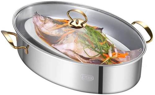 Vaporizador de pescado de acero inoxidable de 8 cuartos de galón, olla ovalada de grado alimenticio 304 con sartén de cerámica y estante, para cocinar pescado al vapor, sopa hirviendo, cocina