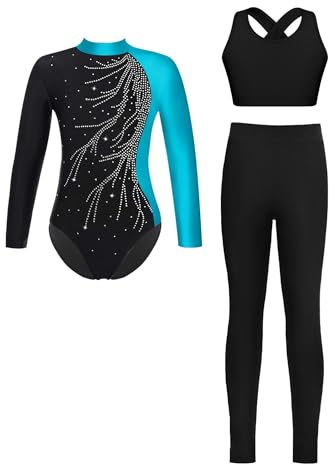 Miutii 3Pcs Mädchen Turnanzug Langarm Glitzer Gymnastikanzug Ballettanzug + Sport BH Tops + Hose Gymnastik Leotard Wettbewerb Tanzkostüm