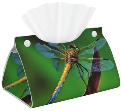 Dragonfly Tissue Box Cover Rectangle, Modern PU Leather Tissue Holder for Bathroom, Decorative Stylish Wipes Dispenser Paper Cover Case Napkin Holder for Home Decor
