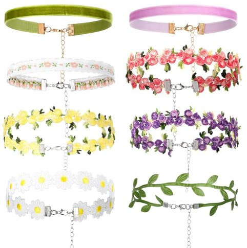 VelvetGlow 8er Set Choker Kette Damen Mädchen, Schwarz Samt & Spitze Halsband Set, Gothic Punk Klassisch Stil mit Blumen & Blatt-Anhänger, Verstellbare Halskette für Party