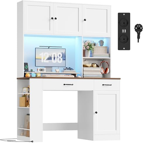 FirFurd 180cm hohe Schreibtisch mit Schubladen und Bücherregal, Computertisch aus Holz mit LED & Steckdosenleiste, Bürotisch PC-Tisch Möbel für Arbeitszimmmr, Büro, Kinderzimmer 180x120x50cm Weiß