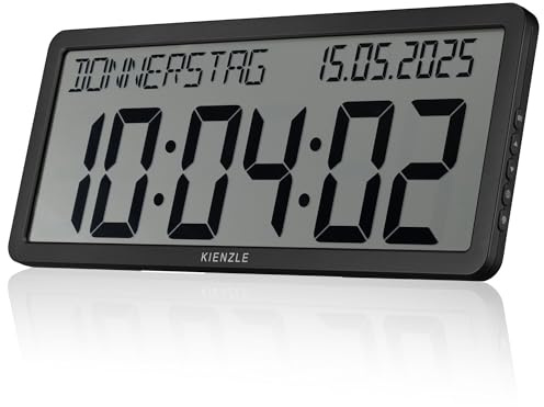 Kienzle Funkwanduhr mit Datum und großem LCD Display Schwarz 36,5 cm | DCF Zeitsynchronisation, Zeitzonen Einstellung, LCD 33,9 x 12,4 cm, Standfuß und Aufhängeösen, 4 AA Batterien enthalten