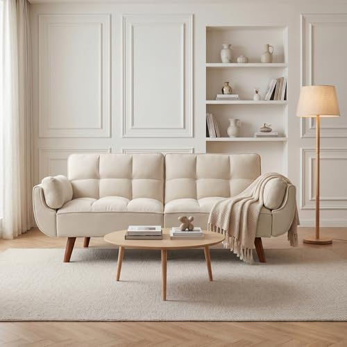 JIEXI Modern bäddsoffa i tyg, 3-sits, konvertibel futon, bäddsoffa med 3 justerbara vinklar, 180 cm vardagsrumssäng med träben kraftig 230 kg, grå (180 cm, beige)