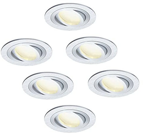 HCFEI 6er Set LED Einbaustrahler dimmbar flach rund, Silber gebürstet, Schwenkbar mit 5W LED Modul Warmweiß 3000K für 230V ohne Trafo, glanzpolierter Innenring