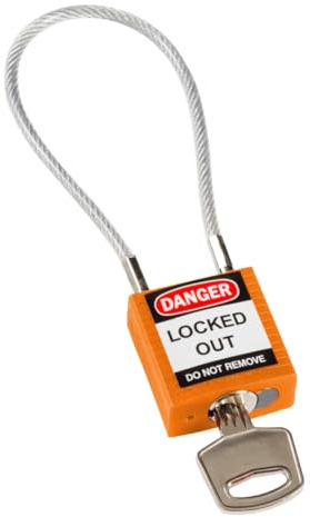 Brady Candado de Cable Compacto Paquete de 1 - Bloqueo de Seguridad Lockout Tagout - Candado de Seguridad - Llaves Diferentes - 32mm x 35mm x 16mm - Longitud del Cable 200mm, Naranja