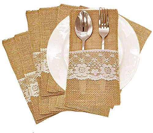 Amajoy Couverts Jute Titulaire 11cm x 21cm - 50pcs Sac Couteau Fourchette Décoration Dentelle Mariage Vintage Fête Anniversaire