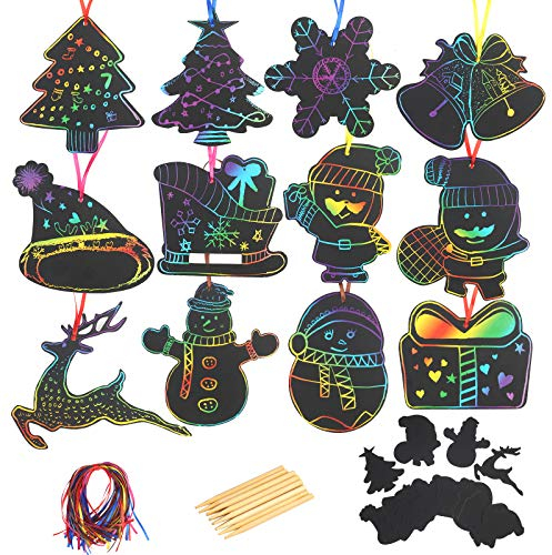 KATOOM 48stk Weihnachten Kratzbilder Set Weihnachtsdeko Regenbogen Kratzpapier zum Basteln Kinder Scratch Paper DIY Rubbelkarte zum Zeichnen 12 Holzstiften 48 Seil für Weihnachts Weihnachtsbaum Deko