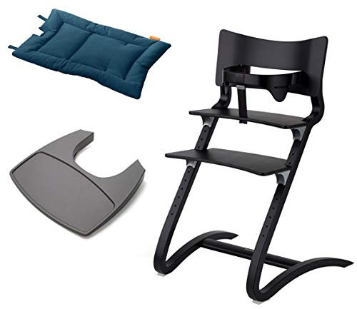 Leander Stuhl schwarz lackiert - Hochstuhl - Kinderstuhl - Erwachsenenstuhl mit Babybügel + Tablett grau + Kissen dark blue